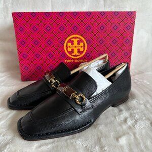 NIB Tory Burch Perrine Loafer Shoes Square Toe Logo Leather In Black Size 5/35.5